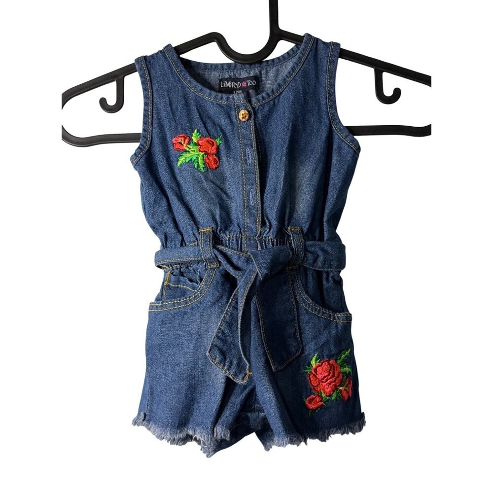 VTG Limited Too Baby Girl 12M Blue Denim Romper Jumpsuit Embroidered Floral Rose